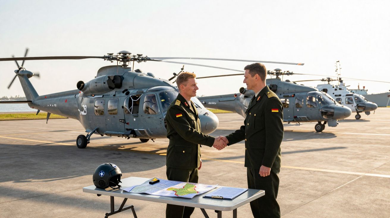 Dois militares apertam as mãos junto a uma mesa com mapas, com três helicópteros militares cinzentos ao fundo.