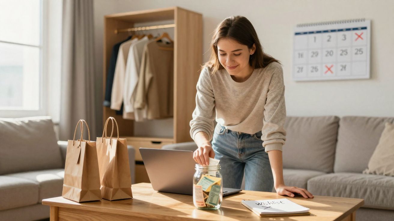 Mulher jovem a fazer compras online com computador portátil, ao lado de sacos de papel e calendário na parede.