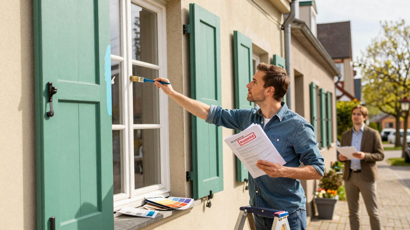 Homem a pintar porta de janela verde com catálogo de cores na mão, outra pessoa observa ao fundo.