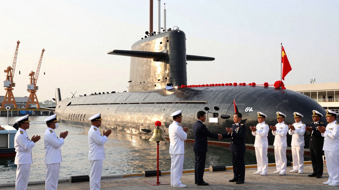 Submarino militar atracado com oficiais em uniforme branco a aplaudir num cais durante cerimónia formal.