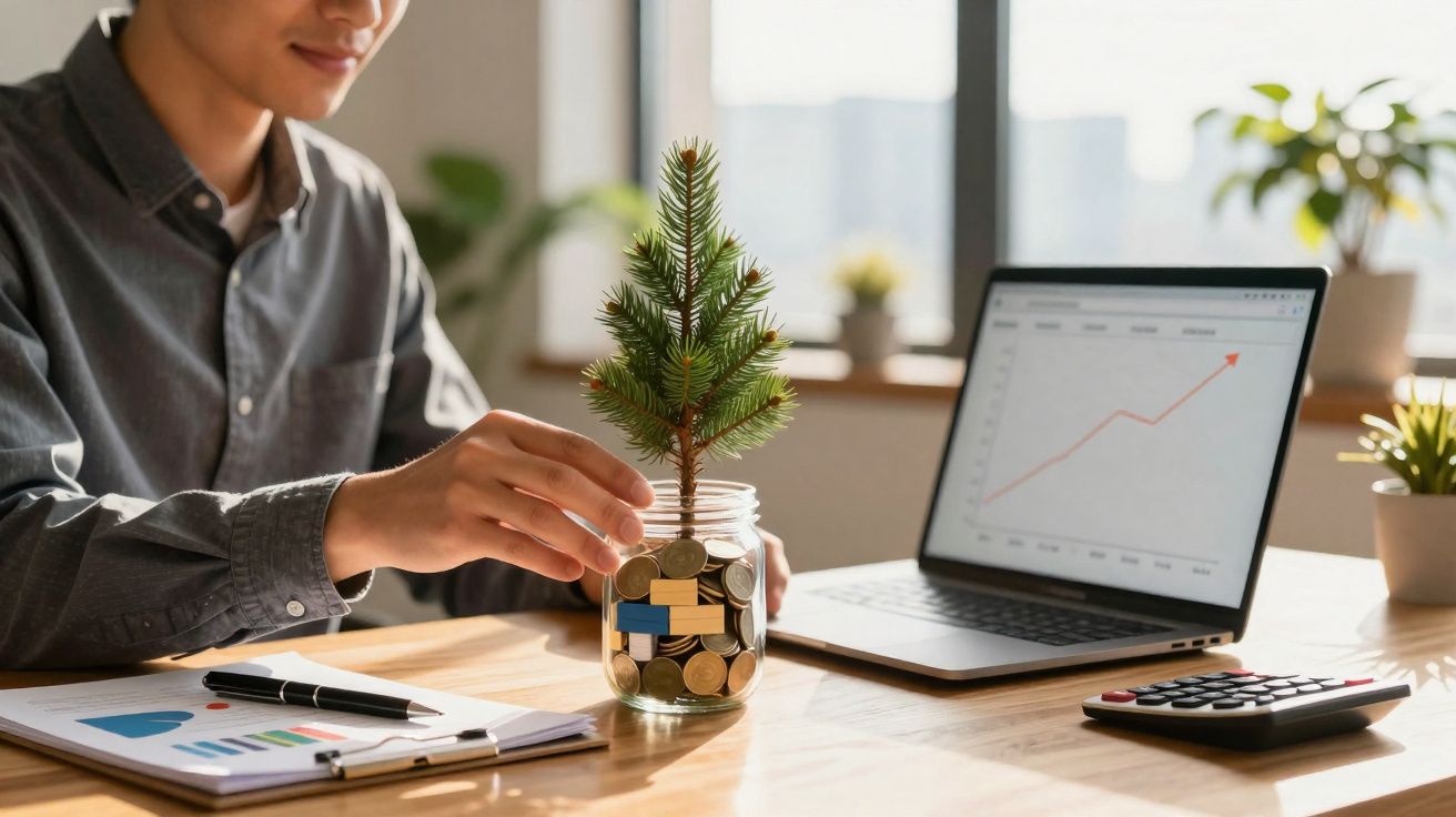 Pessoa a colocar moedas num frasco com uma planta, ao lado de computador com gráfico financeiro em alta.