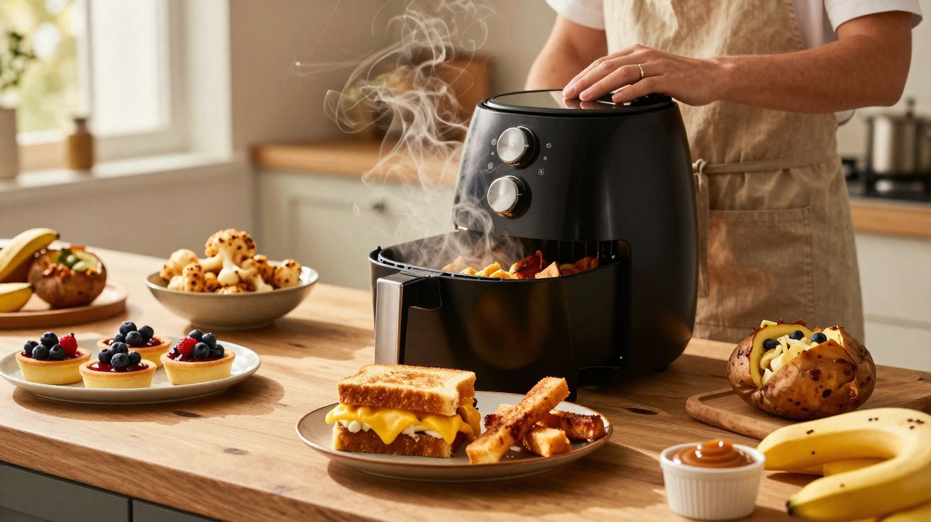 Pessoa a cozinhar batatas fritas na air fryer numa cozinha moderna com vários pratos de comida à volta.