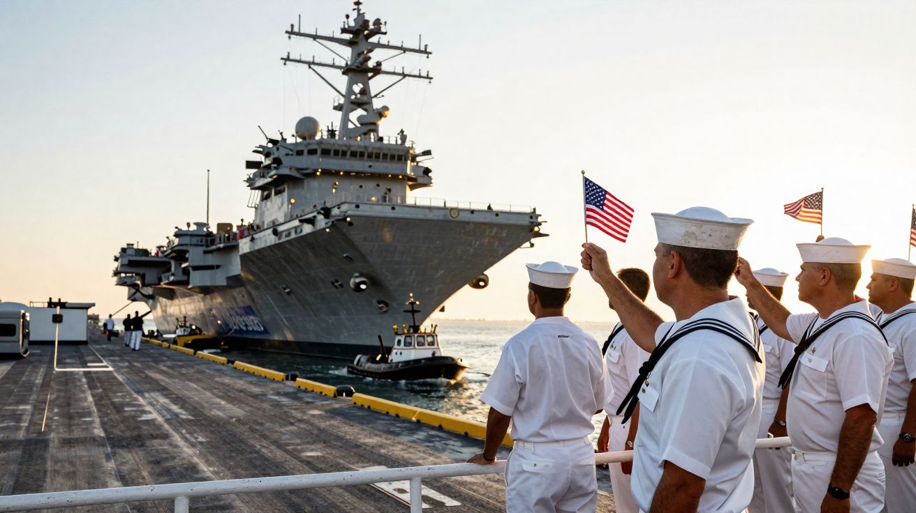Marinheiros em farda branca acenam bandeiras dos EUA para porta-aviões no cais ao pôr do sol.