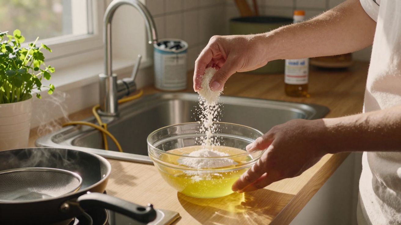 Mão a adicionar farinha a uma taça com ovo batido numa cozinha iluminada pela luz natural.
