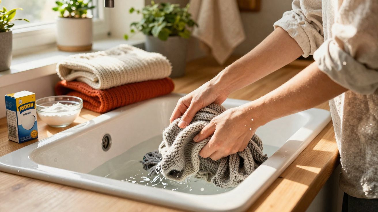 Pessoa a lavar roupa à mão numa pia branca, com roupas dobradas e produtos de limpeza à volta.