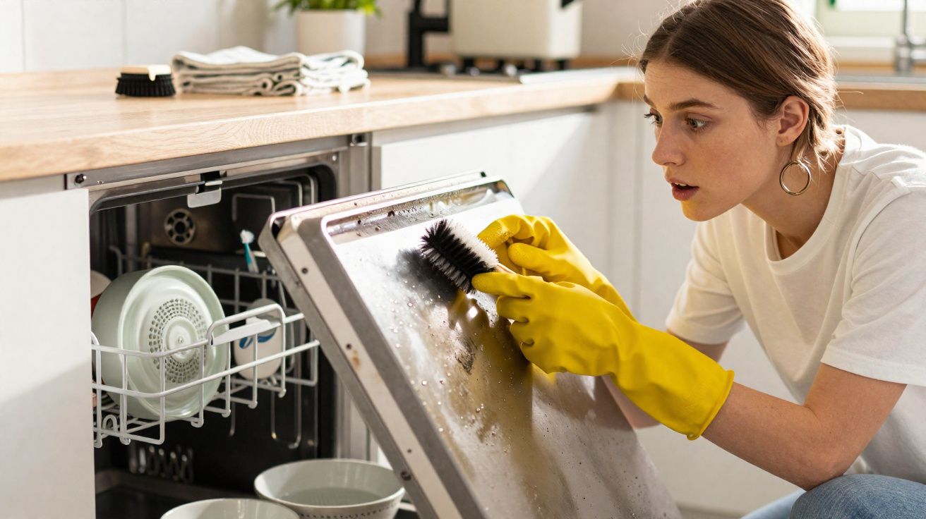 Mulher a limpar a porta de uma máquina de lavar louça com luvas amarelas e uma escova preta.
