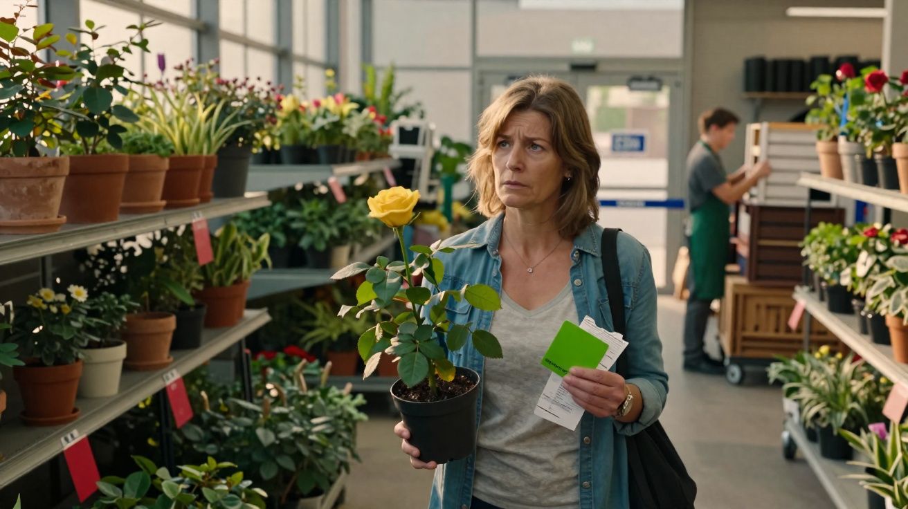 Mulher com expressão pensativa segura vaso com rosa amarela numa loja de plantas e flores.