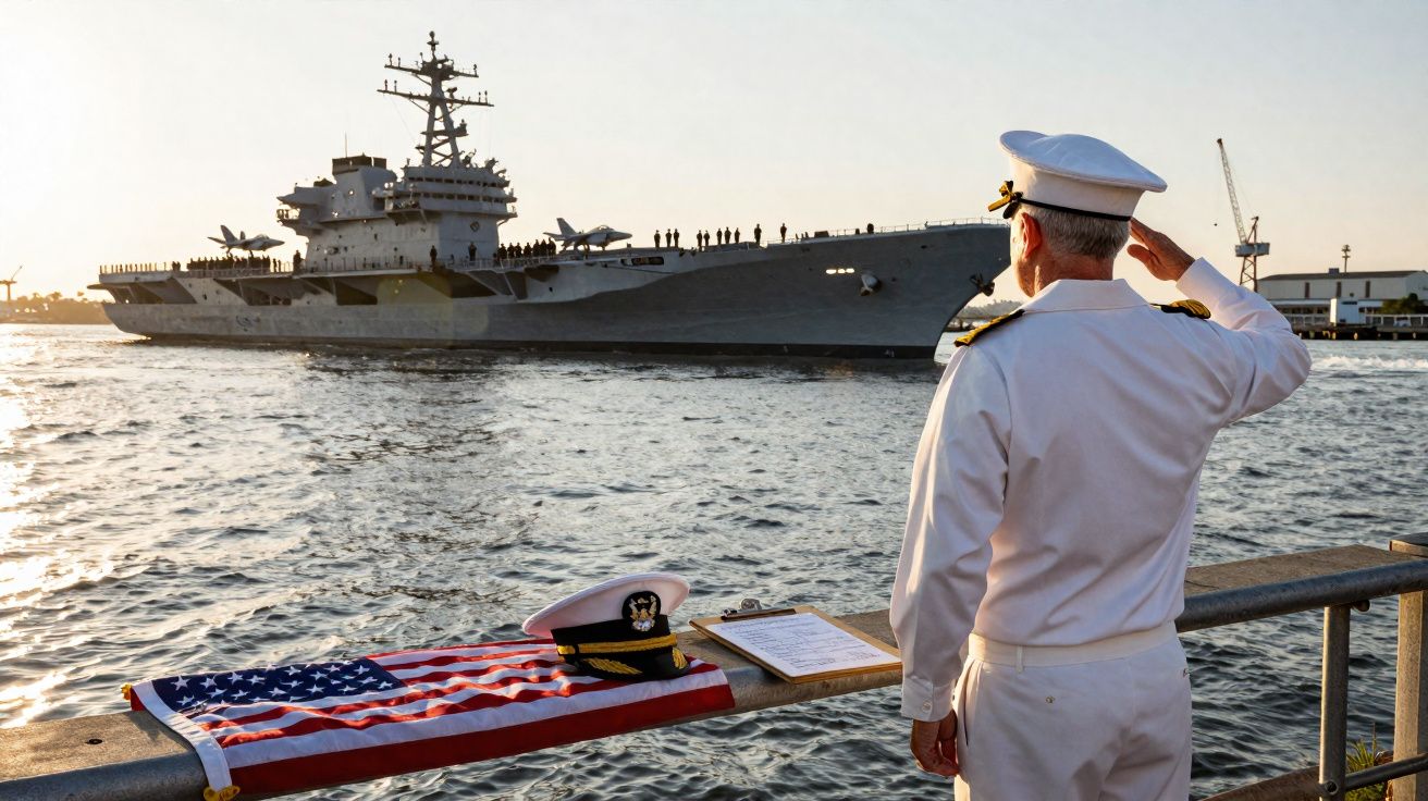 Homem em uniforme naval americano a cumprimentar porta-aviões ao pôr do sol, com bandeira e chapéu na barra.