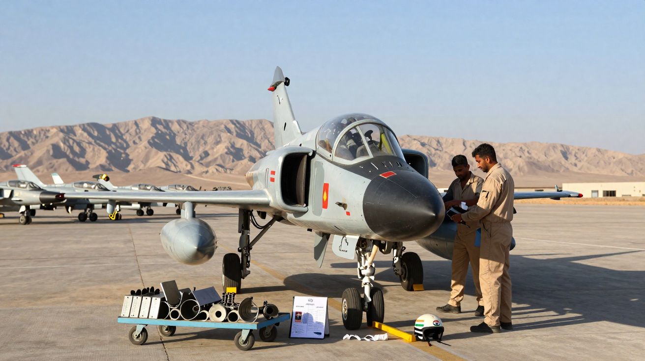 Caça militar estacionado na pista com dois técnicos de uniforme bege a inspecionar equipamentos ao lado.