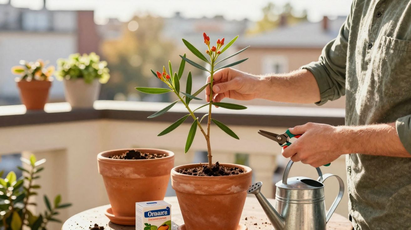 Pessoa a podar planta com flores vermelhas em vaso de barro numa varanda ensolarada com regador ao lado.