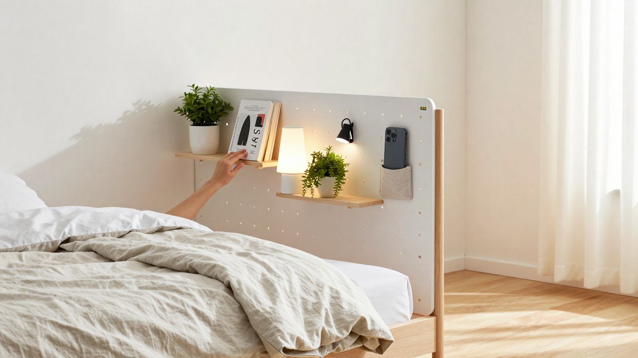 Cama de madeira com cabeceira funcional, prateleiras, luzes e objetos decorativos numa quarto iluminado.