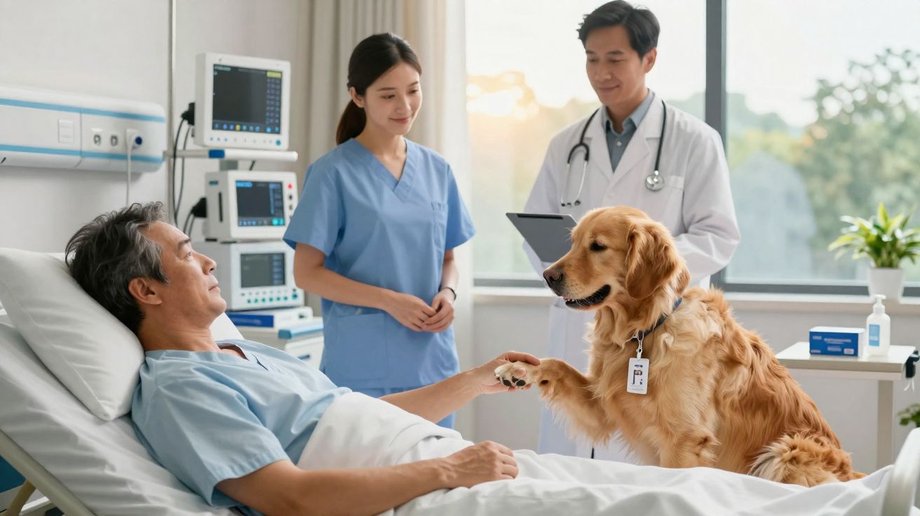 Paciente num quarto de hospital a cumprimentar um cão da terapia acompanhado de dois profissionais de saúde.