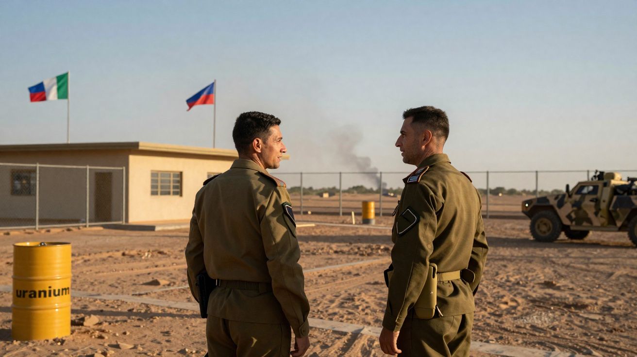 Dois soldados em uniforme conversam numa base militar no deserto com tambores de urânio e veículos camuflados ao fundo.