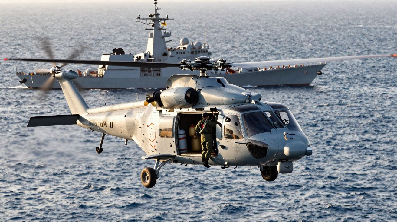 Helicóptero militar cinzento voando sobre o mar perto de um navio de guerra cinzento.