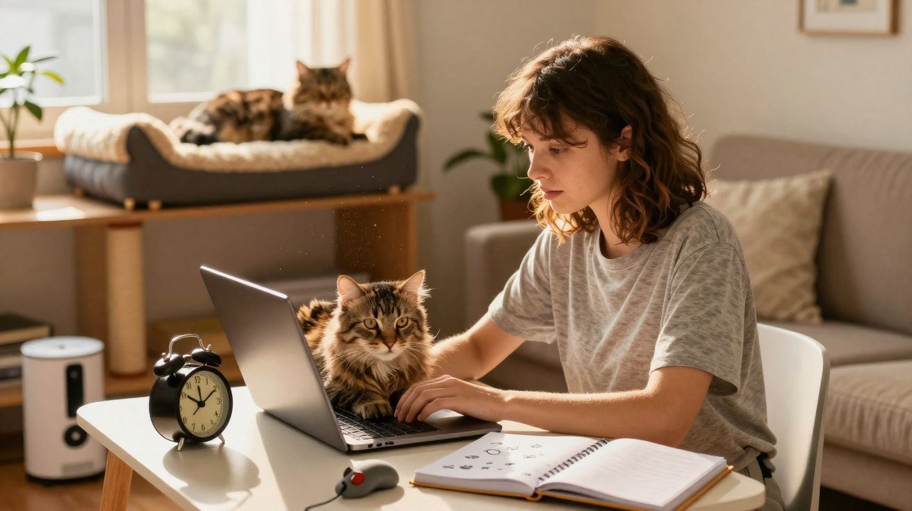 Jovem a trabalhar num portátil com um gato em cima da mesa e outro gato ao fundo numa cama para gatos.