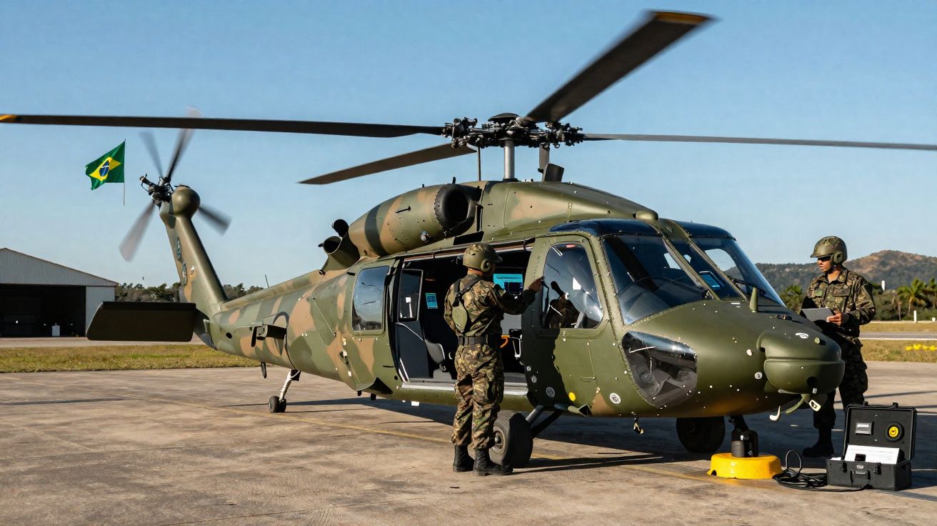 Helicóptero militar camuflado com dois soldados a realizar manutenção num aeródromo com bandeira do Brasil.