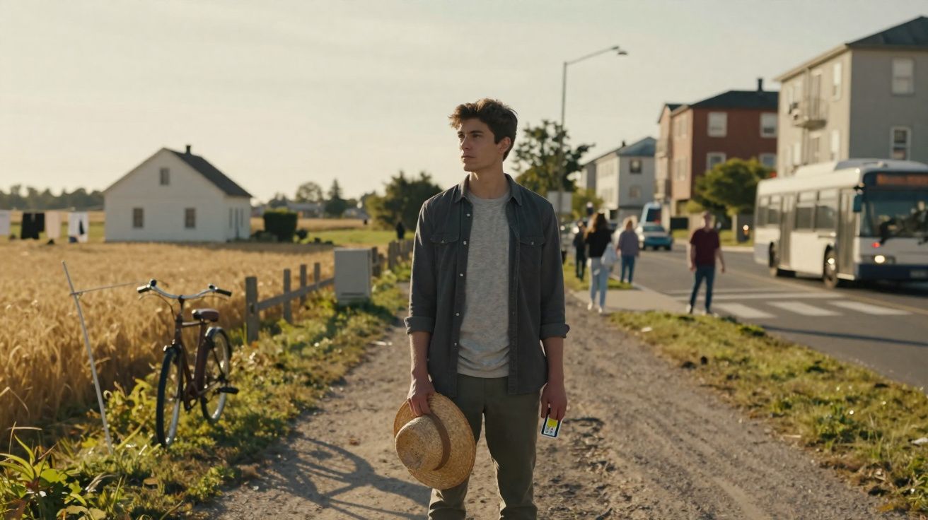 Jovem com chapéu e telemóvel numa estrada rural, junto a campo de trigo e bicicletas, com prédio e autocarro ao fundo.