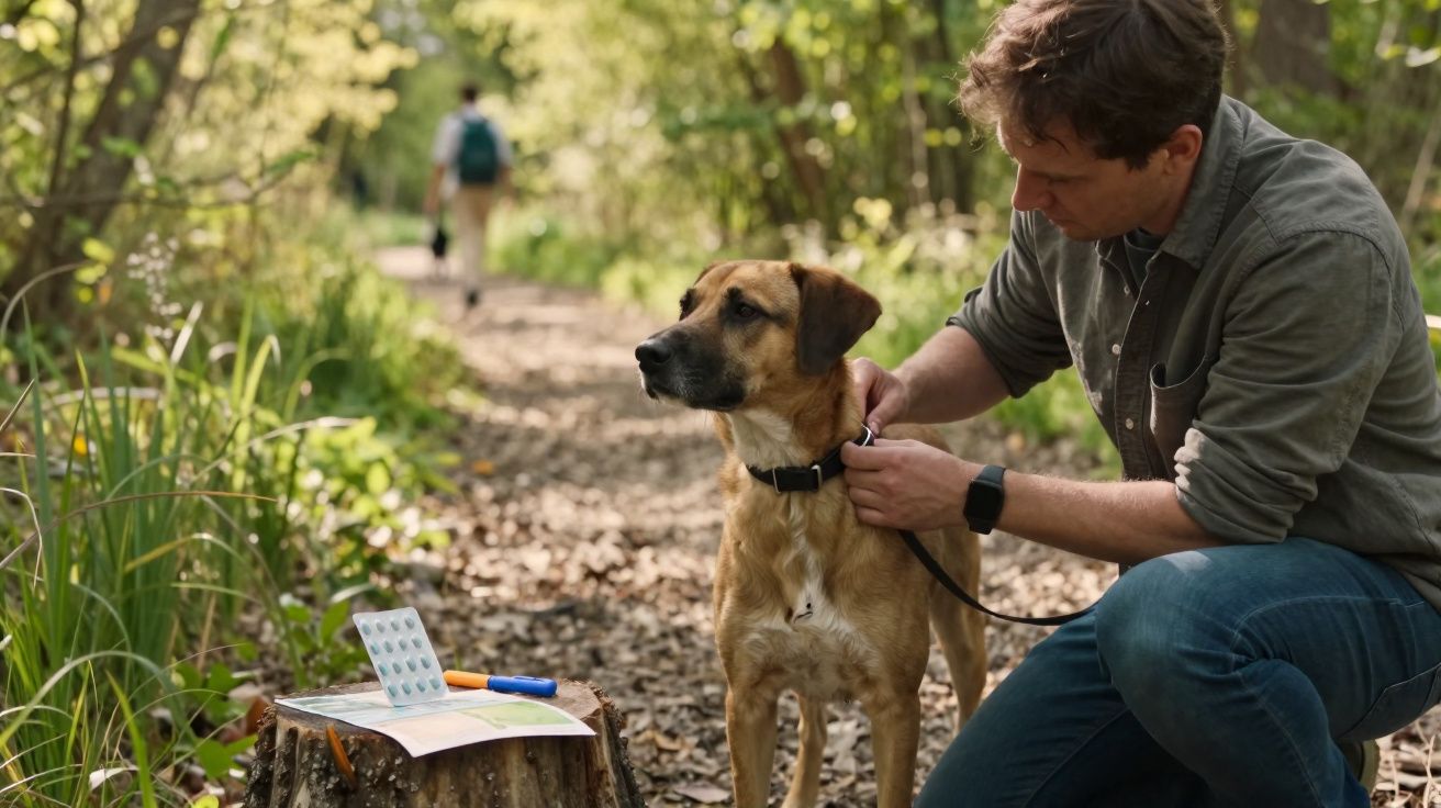 Homem coloca coleira num cão castanho numa caminhada florestal com medicamento e mapa numa árvore cortada.