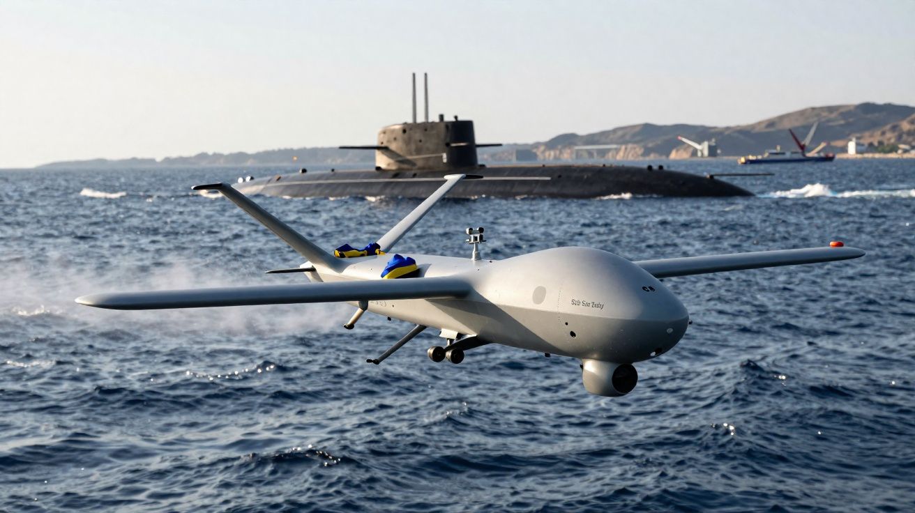 Drone militar a voar próximo à superfície do mar com submarino ao fundo e costa visível.