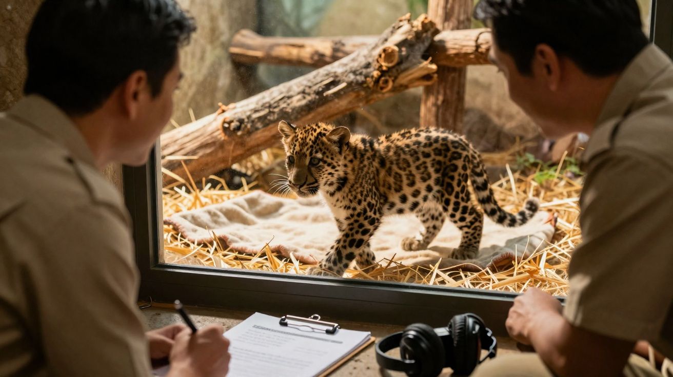 Dois tratadores observam um leopardo jovem na sua área do zoológico através de um vidro.