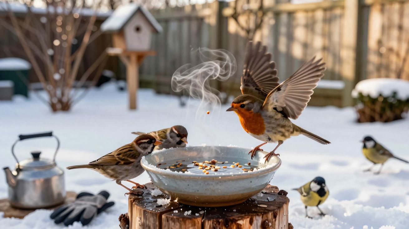 Pássaros alimentam-se junto a prato com sementes em tronco na neve com casa de passarinho ao fundo.