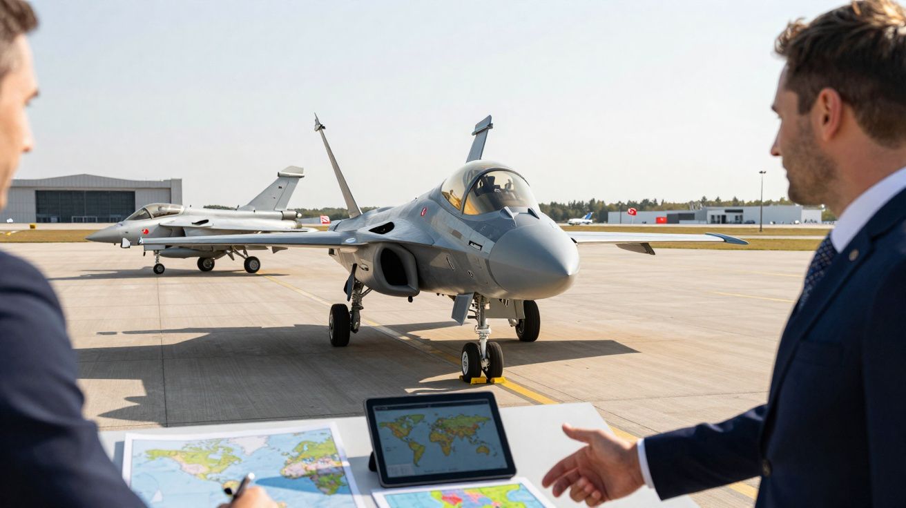 Dois homens observam e analisam mapas à frente de dois caças estacionados numa pista de aeroporto.
