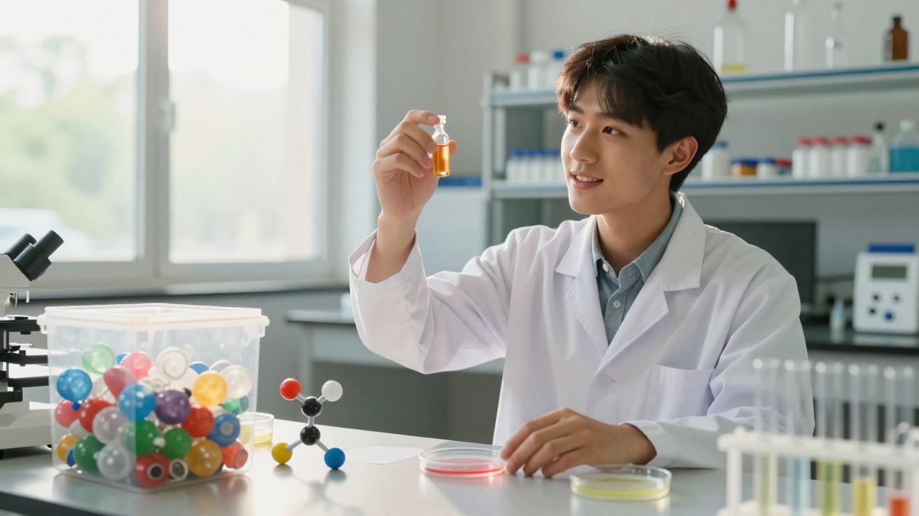 Homem jovem de bata branca observa frasco com líquido laranja num laboratório científico.