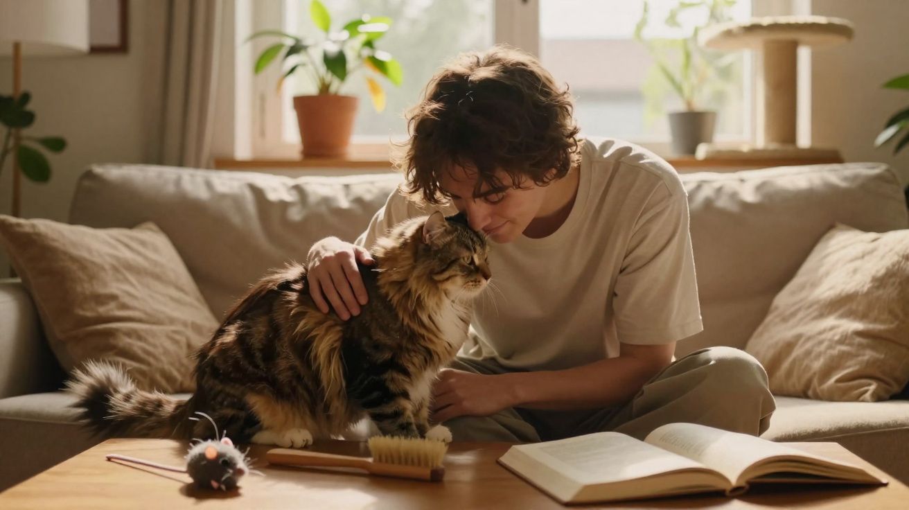 Pessoa a fazer carinho a um gato castanho num sofá, com livro aberto e brinquedos na mesa à frente.