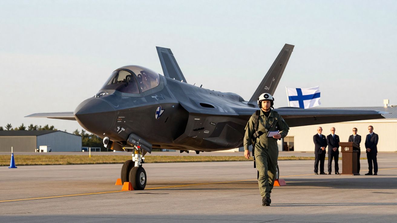 Caça F-35 parado numa pista com piloto a caminhar e bandeira da Finlândia ao fundo.