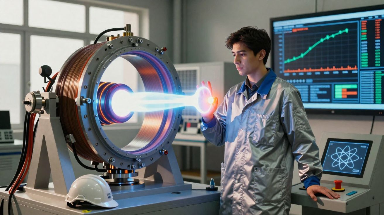 Cientista em laboratório manipulando feixe de energia brilhante em equipamento científico avançado.