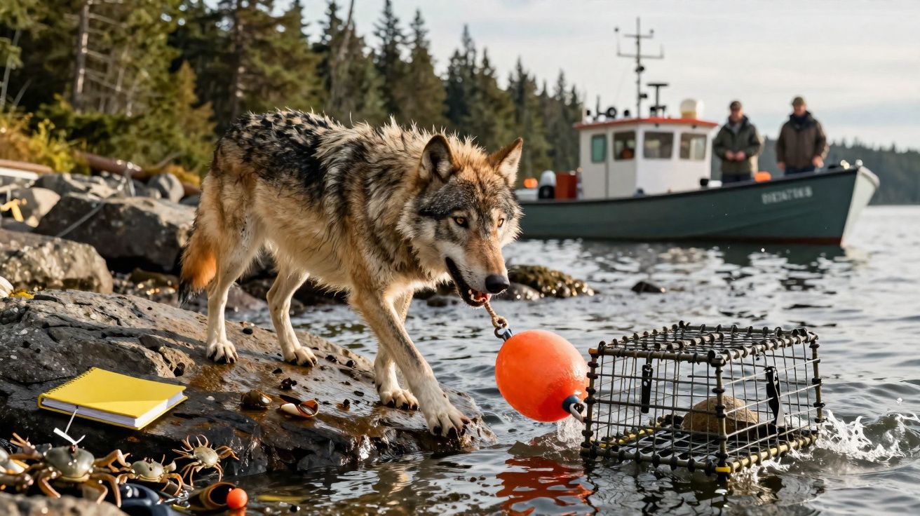 Lobo junto à água puxando uma armadilha de marisco com bóia laranja, barco e homens ao fundo na costa rochosa.