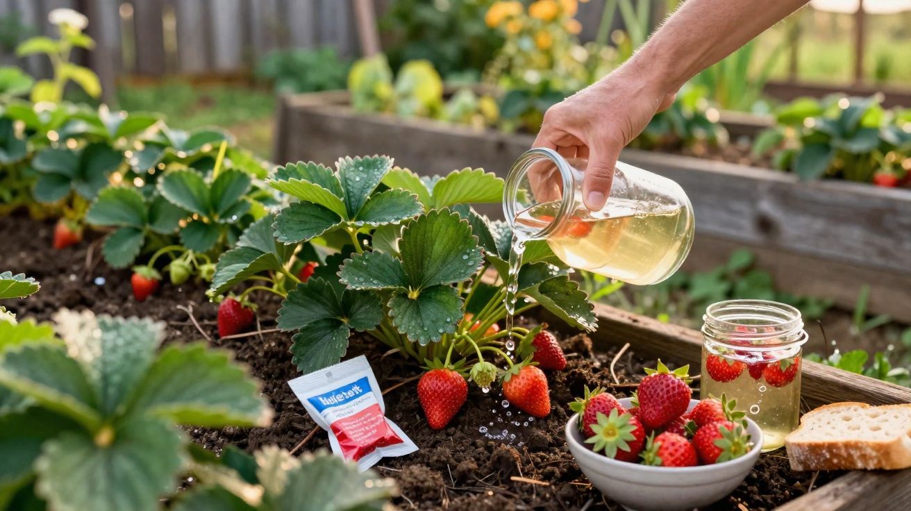 Mão a regar planta de morangos num canteiro com morangos maduros, taça com morangos e fatia de pão.