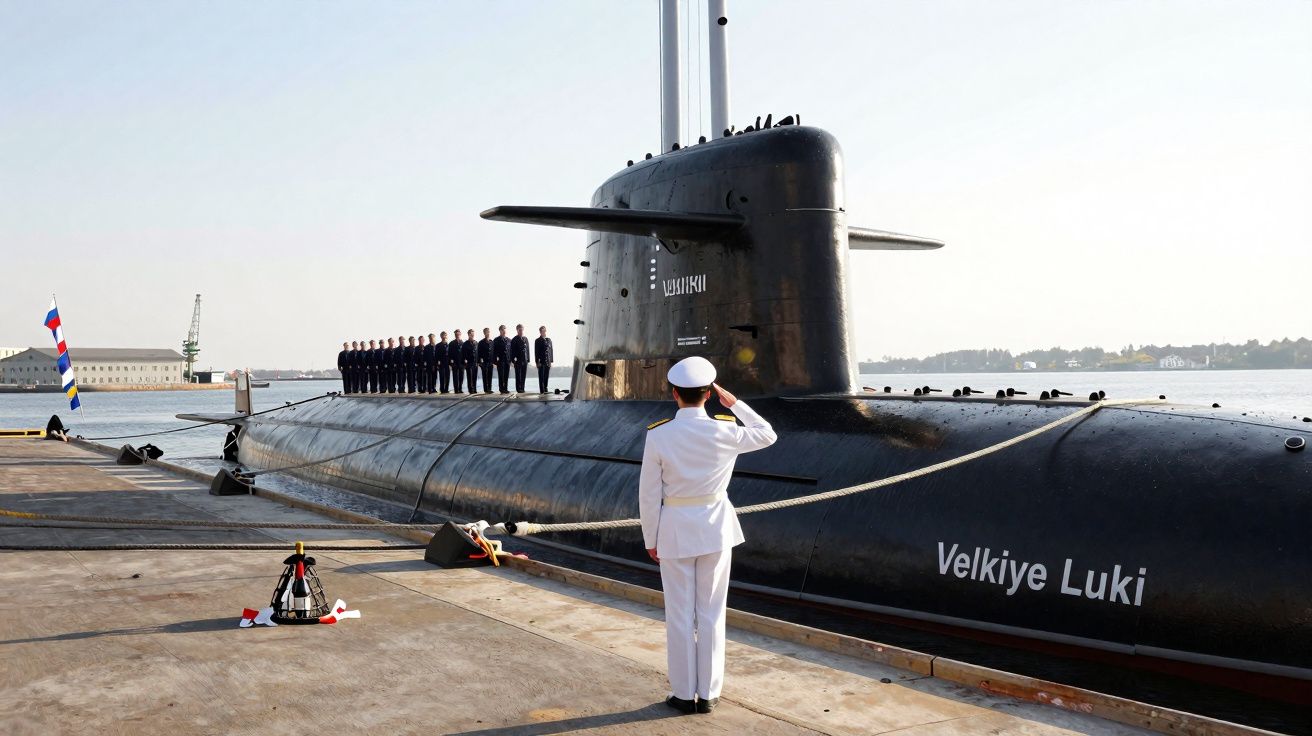 Oficial a cumprimentar tripulação alinhada sobre submarino Velikiye Luki atracado num porto.