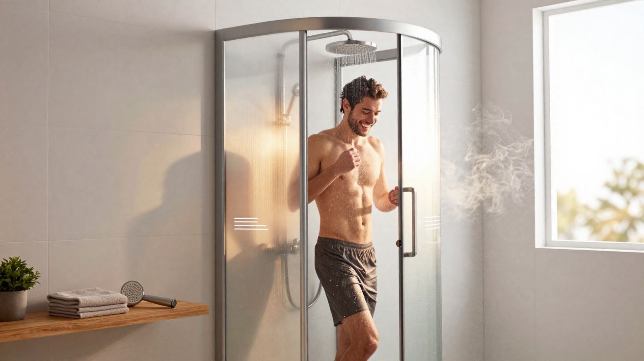 Homem feliz a tomar duche numa cabine de vidro numa casa de banho moderna iluminada por luz natural.