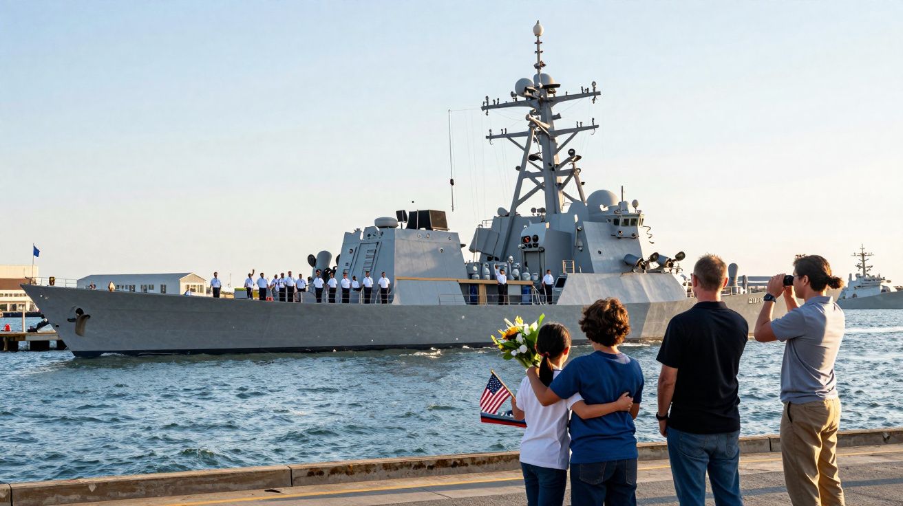 Pessoas na doca observam navio militar cinzento com tripulação uniformizada em dia soalheiro.