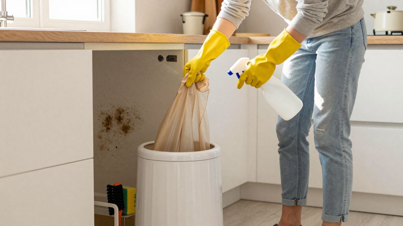 Pessoa com luvas amarelas a limpar e desinfetar a área suja dentro de armário na cozinha.