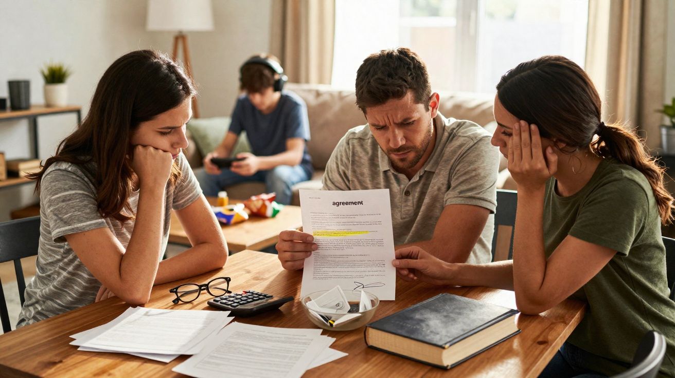 Casal e mulher sentados à mesa a analisar documentos financeiros, criança ao fundo a jogar videojogos.