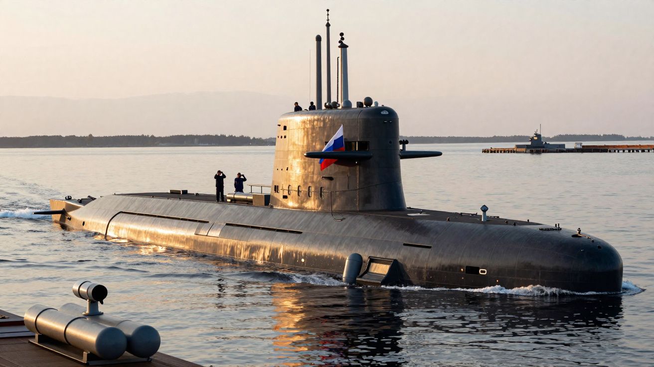 Submarino militar russo navegando em águas calmas ao pôr do sol com tripulantes visíveis na base.