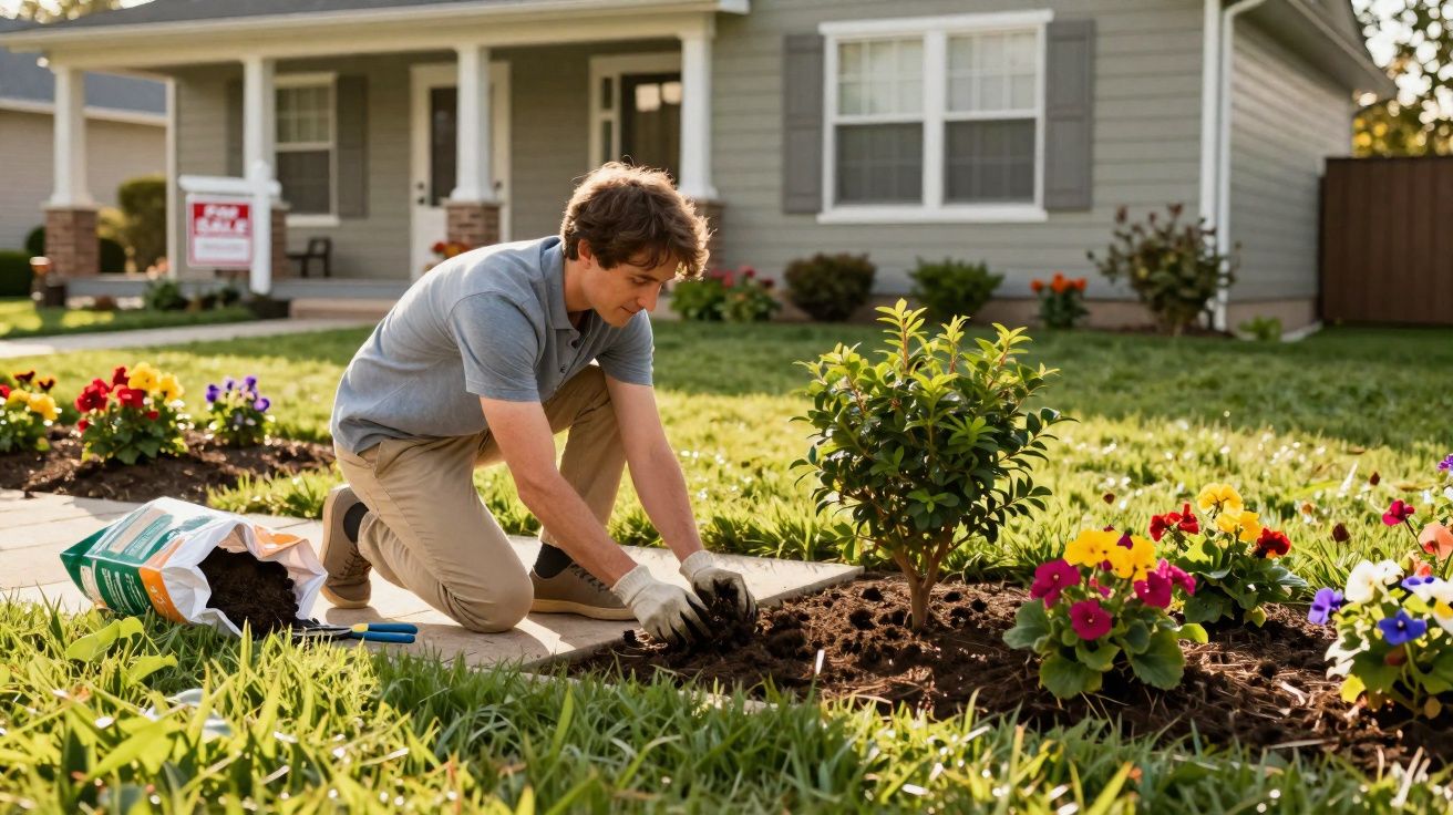 Homem a plantar flores num jardim em frente a uma casa com placa de venda.
