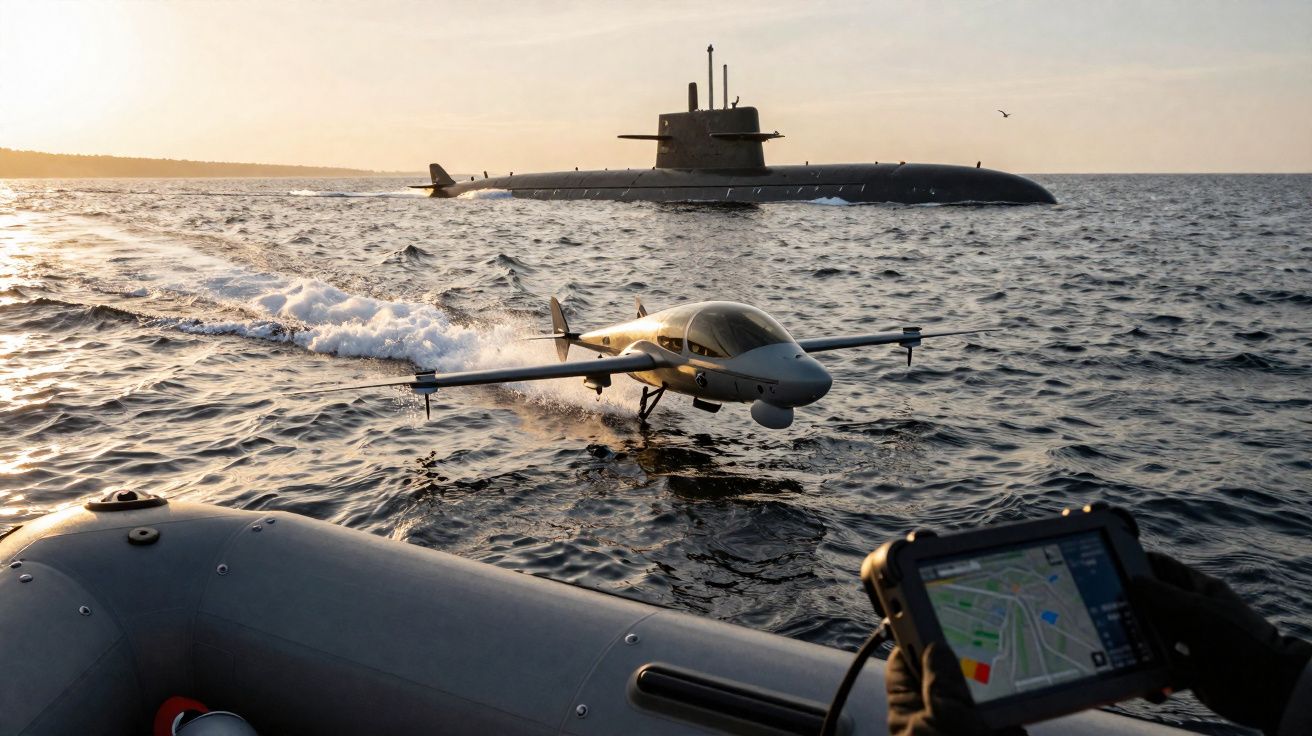 Veículo aéreo não tripulado voando sobre o mar perto de submarino e operador com tablet num bote inflável.