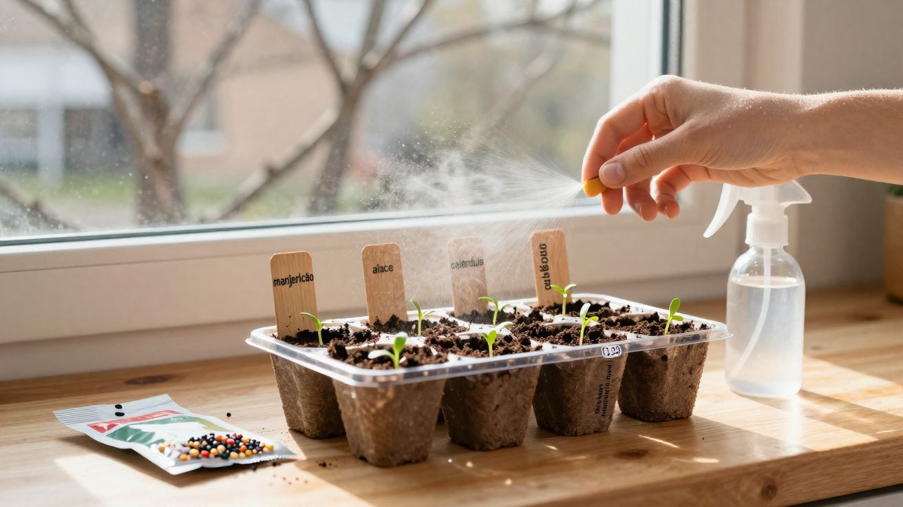 Mão a borrifar água em pequenas plantas com etiquetas de ervas num tabuleiro junto a uma janela.