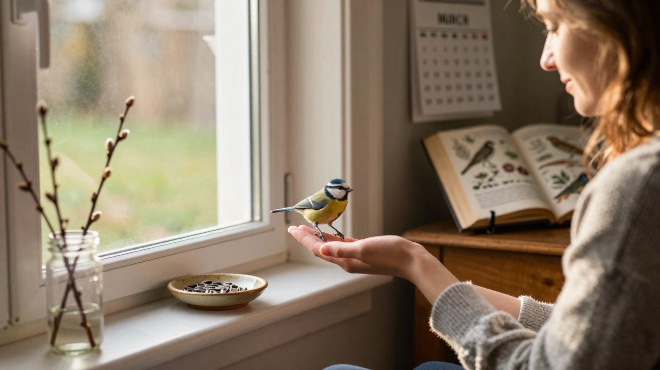 Mulher sorridente alimenta um pássaro pousado na palma da mão junto a uma janela com um livro aberto ao fundo.