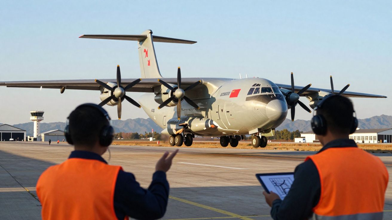 Avião militar cinzento a aterrar numa pista com dois operadores em coletes laranja a observar.