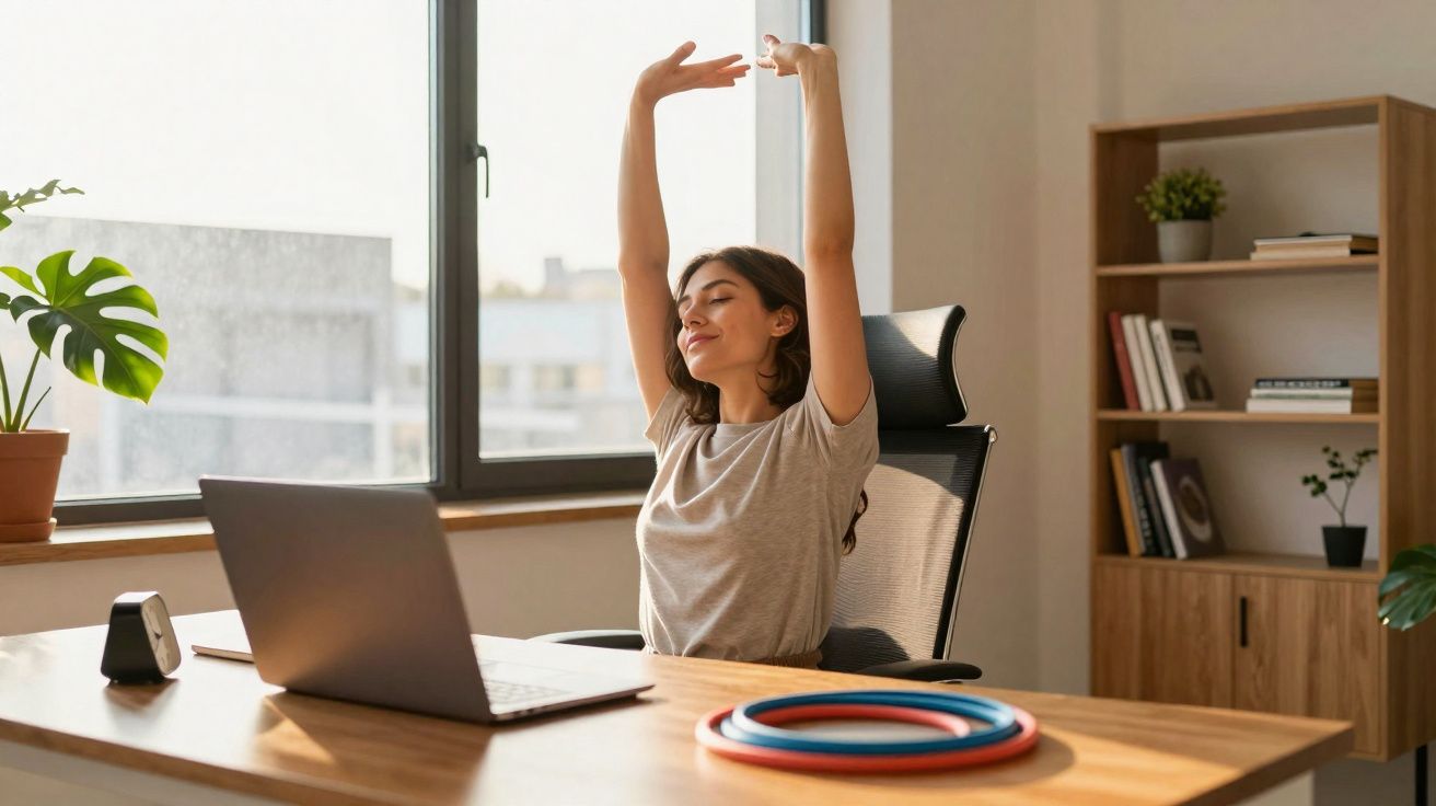 Mulher sentada a alongar os braços atrás da cabeça em escritório com computador portátil à frente.