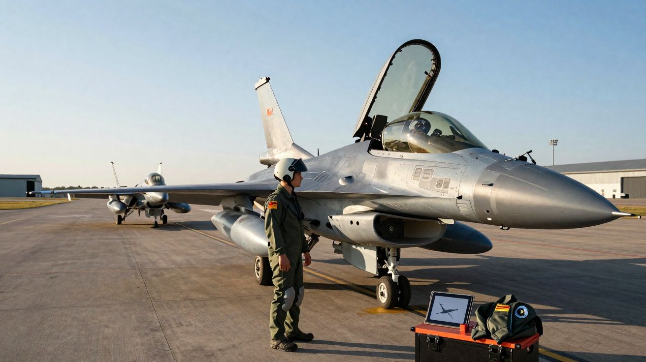 Caça F-16 estacionado no aeroporto com piloto de farda e capacete junto à frente da aeronave.