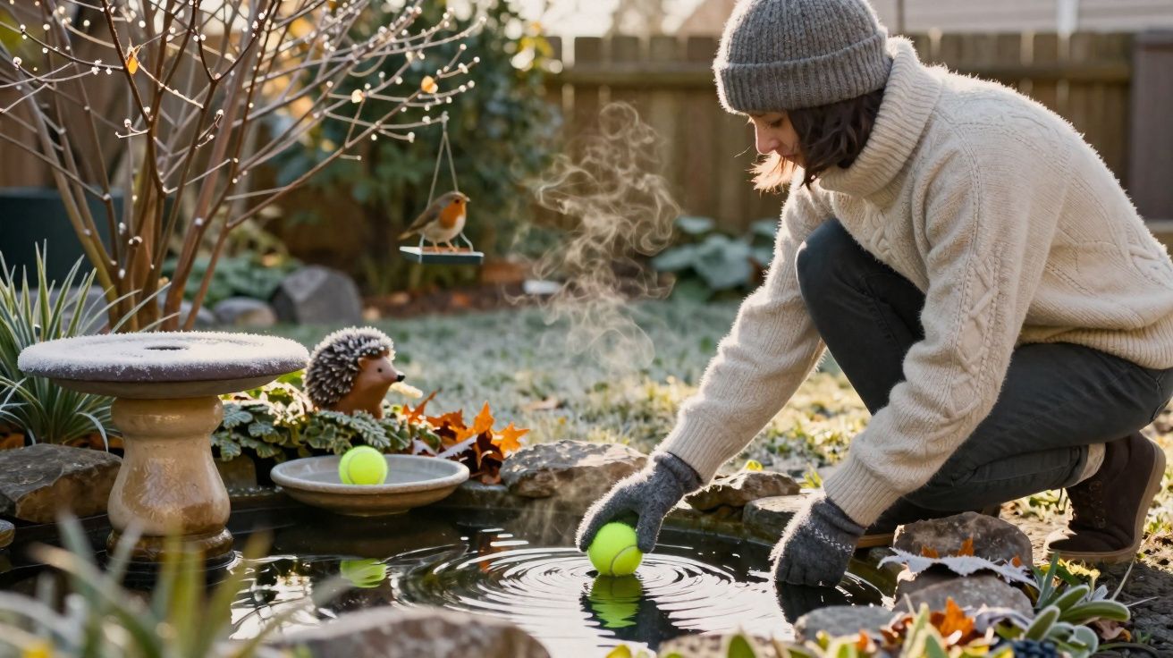 Pessoa de gorro e camisola a recolher bola de ténis de lagoa num jardim com decoração e ave na primavera.