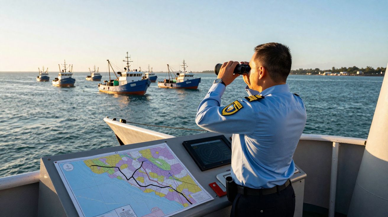 Agente da autoridade marítima observa com binóculos vários barcos de pesca no mar ao pôr do sol.