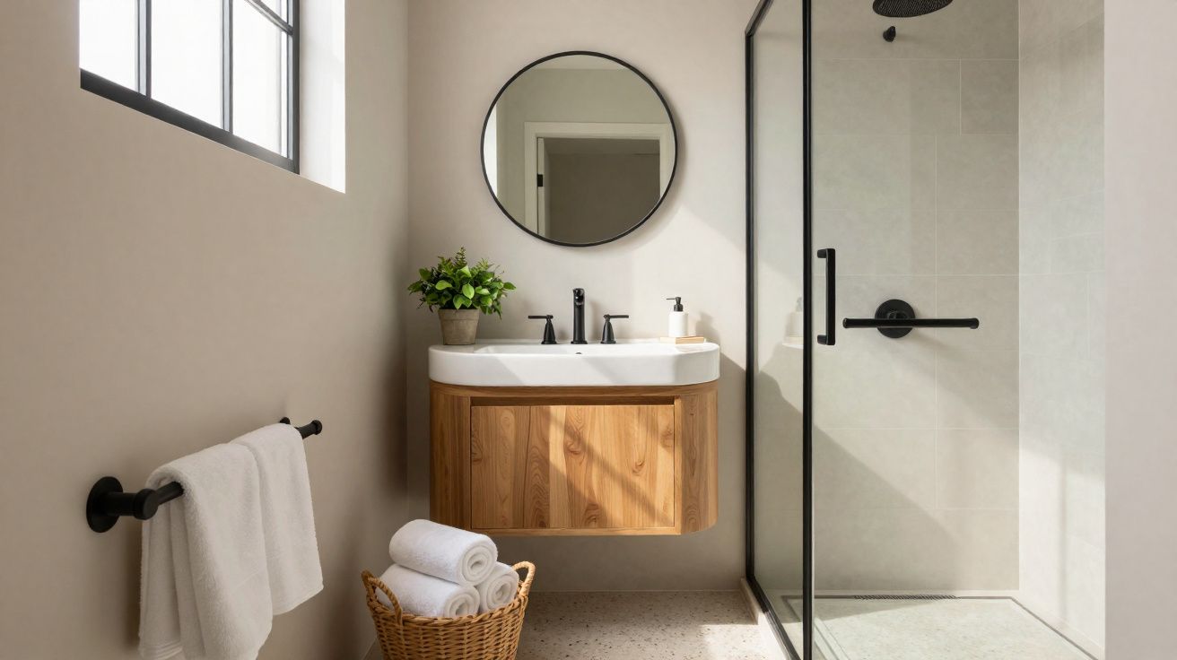 Casa de banho moderna com lavatório suspenso, espelho redondo, cesta com toalhas, planta e base de duche com vidro preto.