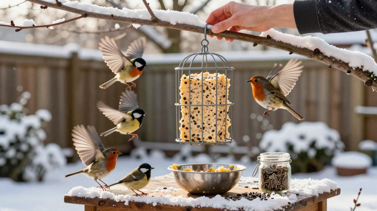 Pássaros a alimentar-se em comedouro suspenso e mesa com neve num jardim de inverno.