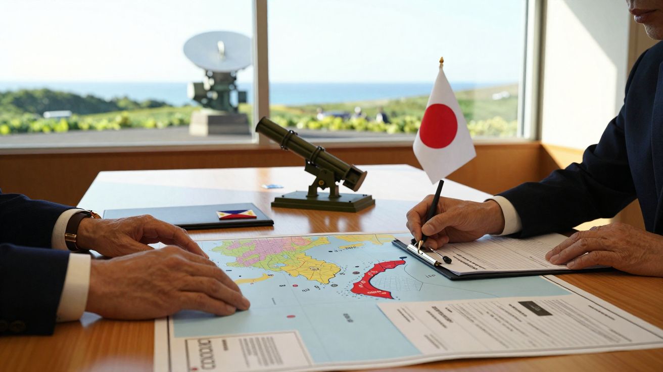 Duas pessoas em reunião com mapa e bandeira do Japão numa sala com vista para o mar.
